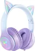 A pair of light blue and purple gaming headphones with cat ears and LED lights. Podgląd zdjęcia produktu
