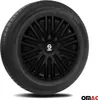 A black car wheel with a tire and a black hubcap with a white logo in the center. Produktbild-Vorschau