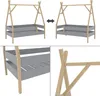 A collage of images showing a children's bed with a teepee-like frame. The top section shows two views of the bed with an arrow indicating it can be extended or adjusted. The bottom left shows a close-up of the bed frame and mattress support. The bottom ri Produktbild-Vorschau