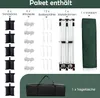 An image showing the contents of a package for a gazebo, including sandbags, ropes, stakes, a metal frame, and a canopy. Produktbild-Vorschau