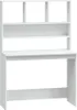 A white desk with a shelf unit attached. Produktbild-Vorschau