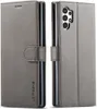 A gray leather flip case for a Samsung Galaxy A13 4G phone is shown from both the front and back. Produktbild-Vorschau