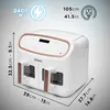 Collage of an air fryer with measurements and technical specifications displayed. Produktbild-Vorschau