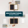 A split image showing two configurations of a tabletop grill with accessories, with text overlay in the middle. Produktbild-Vorschau