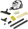 A collection of steam cleaner accessories, including a steam cleaner unit, floor nozzle, various brushes, extension tubes, and cleaning cloths, arranged on a white background. Anteprima dell’immagine prodotto