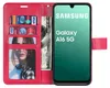 A red wallet-style phone case with a Samsung Galaxy A16 5G phone inside, showing credit cards and cash. Produktbild-Vorschau