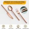 A rose gold flatware set including a knife, spoon, and fork, displayed on a white background with marketing text and icons at the top and bottom. Produktbild-Vorschau
