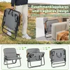 A collage showing a person carrying a folded camping chair, a chair in a living room setting, and three views of an unfolded and folded camping chair with arrows indicating movement. Anteprima dell’immagine prodotto