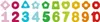 A set of colorful wooden shapes and numbers arranged in two rows on a white background. Produktbild-Vorschau