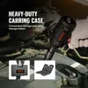 A hand in a glove holds a power tool over a car engine, with inset images of a carrying case and an open tool kit. Náhľad obrázku produktu