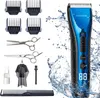 A collection of hair cutting tools, including a trimmer, scissors, combs, and a cape, arranged on a white background with water splashes. Produktbild-Vorschau