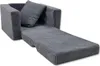 A gray, corduroy sofa bed for children, shown in an unfolded state, with a pillow. Voir les images du produit