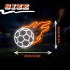 A neon sign of a soccer ball on fire, with size dimensions indicated. Podgląd zdjęcia produktu