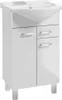 A white bathroom vanity with a sink and a chrome faucet, standing on four legs. Produktbild-Vorschau