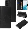 A collage of images showing a black floral butterfly flip phone case for a Samsung Galaxy A54 5G. Produktbild-Vorschau