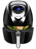 A black air fryer with a digital display and a basket containing food. Podgląd zdjęcia produktu