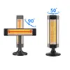 Two infrared heaters are shown, one in a horizontal position and the other in a vertical position, with arrows indicating their oscillation angles. Anteprima dell’immagine prodotto