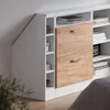 A close-up view of a white and wood-tone storage cabinet with drawers and shelves. Voir les images du produit