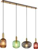 A multi-pendant light fixture with four glass shades of different colors and shapes, hanging from a linear bar. Produktbild-Vorschau
