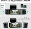 A dual-panel image showcasing a dashcam with different viewing angles and a snap-on design. Produktbild-Vorschau