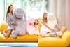 A family posing with large stuffed bunnies on a yellow couch. Náhled obrázku produktu