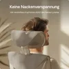 Close-up of a person's head and neck resting on an ergonomic chair's headrest, with text highlighting features. Produktbild-Vorschau