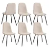 Six beige dining chairs with black metal legs are arranged in two rows of three against a white background.