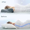A split image showing a person sleeping on a pillow, comparing the 'Before' and 'After' states. Produktbild-Vorschau