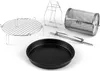 A collection of kitchen accessories for an air fryer, including a baking pan, a grilling rack, a rotisserie basket, and a rotisserie spit. Produktbild-Vorschau