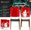 A marketing image showcasing Christmas-themed chair covers with text highlighting product features. Produktbild-Vorschau
