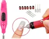 A pink and red electric nail file with various attachments, including sanding bands and drill bits. A close-up shows the nail file being used on a fingernail. Náhled obrázku produktu