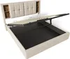A bed frame with the mattress support lifted to reveal storage space underneath. Produktbild-Vorschau