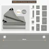 A folded grey tarp is shown, with various sizes of tarps illustrated on the right side of the image. The bottom part of the image shows a close-up of the tarp texture with a measurement indicator. Produktbild-Vorschau