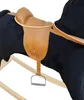 A close-up view of the saddle and stirrup of a black rocking horse. Produktbild-Vorschau