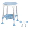 A shower stool with a blue seat and tray, and silver legs, shown on a white background. Some accessories are displayed to the right. Produktbild-Vorschau