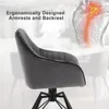 A close-up side view of a dark gray velvet chair with black metal legs, with an overlay of text and a diagram of the human spine. Produktbild-Vorschau