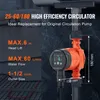 A close-up marketing image of a high-efficiency circulator pump with text overlays highlighting its features and specifications. Podgląd zdjęcia produktu