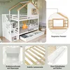 A collage of images showcasing a white and natural wood bunk bed with storage. Náhled obrázku produktu