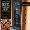 A close-up view of a toaster's touch panel and control interface, with a small inset image of various open-faced sandwiches. Voir les images du produit