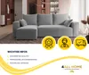 A gray sectional sofa is displayed with promotional information and icons below it. Produktbild-Vorschau