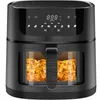 A black air fryer with two transparent windows showing french fries inside. The top of the air fryer has a digital LED touchscreen display. Produktbild-Vorschau