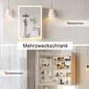 A collage showing a bathroom mirror with LED lighting and a multi-purpose cabinet with its doors open, filled with toiletries. Náhľad obrázku produktu