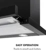 A close-up view of the control panel and underside of a black range hood. Podgląd zdjęcia produktu