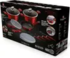 The image shows the packaging of a cookware set, displaying the products and their features. Produktbild-Vorschau