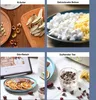 A collage of four images showing different food items being dried or prepared, likely related to a food dehydrator. Produktbild-Vorschau