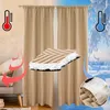 A split image showing curtains in a warm interior on the left and a snowy exterior on the right, with a close-up of the curtain material in the center. Produktbild-Vorschau