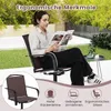 A woman is sitting in a garden chair reading a magazine, with decorative plants and a small table in the background. Below the main image, there are icons and text highlighting the chair's features. Produktbild-Vorschau