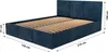 A dark blue upholstered bed frame with wooden slats, shown from a diagonal angle with dimensions indicated by measurement lines and text. Náhľad obrázku produktu