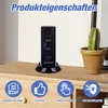 A key finder device with four receivers is displayed on a wooden surface, with decorative icons below. Produktbild-Vorschau