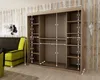 A wardrobe with dimensions shown, placed in a room with a sofa and armchair. Produktbild-Vorschau